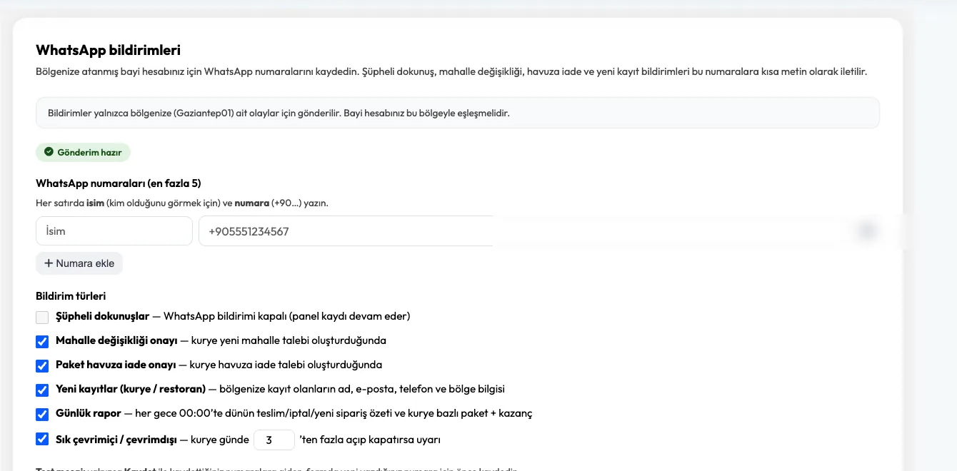 KuryeX WhatsApp bildirim ayarları
